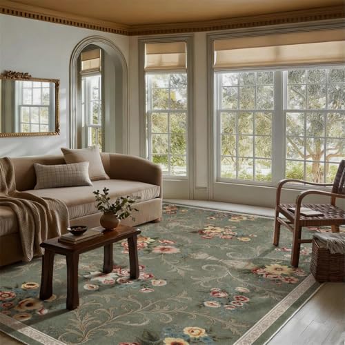 Helthep 5 * 7 Vintage Floral Area Rug, Washable Non-Slip Green, Soft Low Pile French Country Rug for Bedroom Living Room Dining Room, Pet Friendly Easy Care Rug - color: Green, size: 5' x 7' (Rectangular)