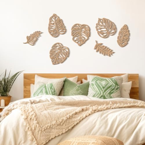 Namalu 7 Pcs Tropical Wall Decor Jungle Monstera Wall Art Boho Palm Leaf Wooden Decoration Tropical Nursery Decor Vintage Natural Monstera Leaf Plaque for Farmhouse Kitchen Bedroom Garden(Wood Color) - color: Wood Color