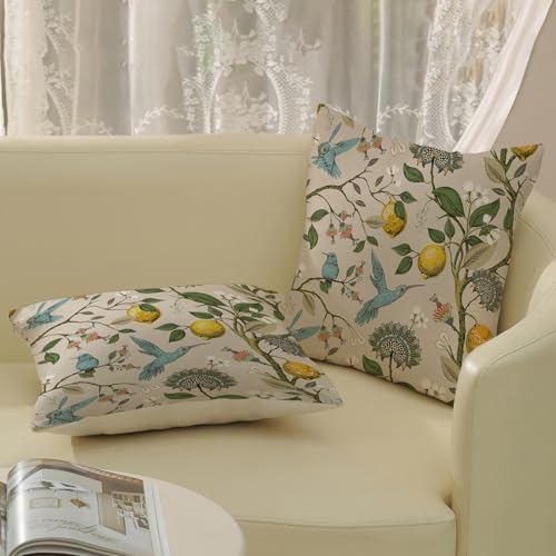 Blue Green Chinoiserie Pillow Covers 16x16 Inch 2 Pcs Vintage Floral Birds Decor Throw Pillows Boho Flower Seasonal Spring Summer Outdoor Decoration Pillowcase Linen Cushion Cover for Couch - color: Boho Floral Birds, size: 16" x 16" (Pack of 2)