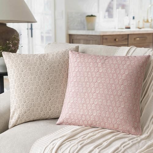 Foindtower Set of 2 Decorative Neutral Floral Print Throw Pillow Covers Vintage Accent Farmhouse Cushion Covers Boho Home Decor for Sofa Chair Couch Bedroom Living Room Outdoor,18×18 Inch,Light Pink - color: Light Pink, size: 18" x 18" (Pack of 2)