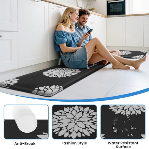 Kitchen Mats for Floor [2PCS], Soft Anti Fatigue Kitchen Rugs for Home, Water Resistant Cushioned Standing Desk Mats, Non-slip Comfort Mat for Floor, Kitchen, Office, Sink, Laundry, Black - color: Black, size: 17.3" x 59" + 17.3" x 30"