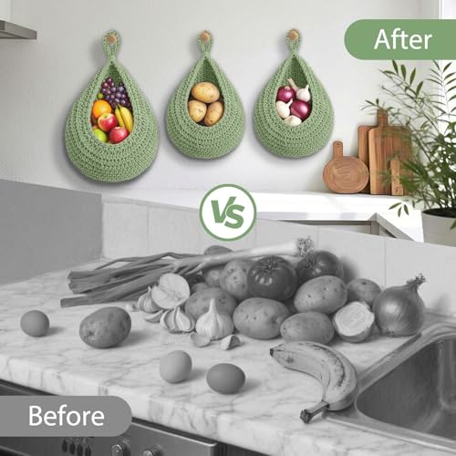Halidali Hanging Fruit Baskets for Kitchen, 3 Pack Boho Cotton Rope Handwoven Vegetable Storage Wall Mounted Large Organizing Basket for Farmhouse Decor, Onion, Potato, Garlic and Plants (Green) - color: Green