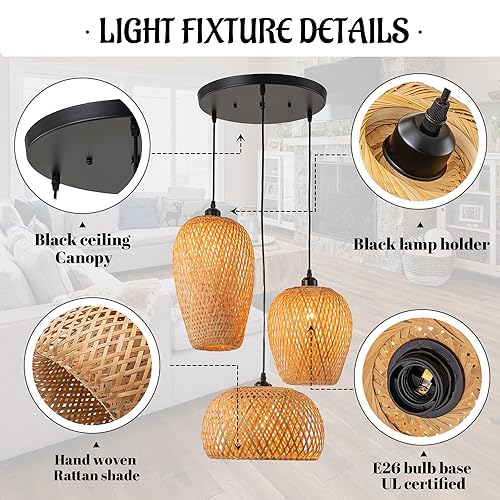 Rattan Pendant Light Bamboo Hanging Light 3-Lights Boho Pendant Light Fixture Woven Basket Wicker Shade Rattan Chandelier for Living Room Dining Room Kitchen - color: Rattan Bamboo, 3-Light