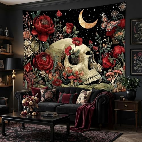 Lifeel Gothic Skull Tapestry, Gothic Hippie Mushroom Flower Aesthetics Moon Tapestries for Room Decor, 36x48 inches - color: Red, size: 48"L x 36"W