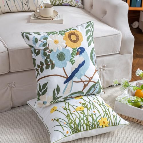 YIcabinet Pack of 2 Throw Pillow Covers,Flower and Bird Pattern Embroidered Pillow Case Soft Decorative Pillowcases for Home Sofa Couch 18x18 Inch - color: White16