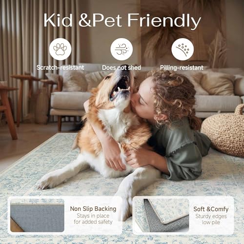 PureCozy 2x3 Blue Entryway Area Rug Machine Washable Door Mat Kitchen Vintage Distressed Non Slip Carpet Indoor Retro Floral Accent Throw Small Rug for Bathroom Office Bedroom Living Dining Room - color: Blue, size: 2' x 3' (Rectangular)