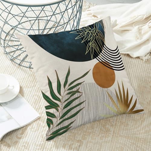 Boho Pillow Covers 16x16 Set of 2 Green Gold Navy Blue Throw Pillow Covers Mid Century Bohemian Style Tropical Leaf Pillowcase Farmhouse Decorative Cushion Case For Home Sofa Outdoor Decoration - color: Mid Century-navy Blue, size: 16" x 16" (Pack of 2)