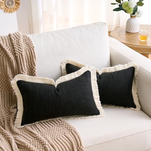 Boho Lumbar Pillow Covers 12x20 Pillow Cover Black Faux Linen Couch Rectangular Pillow Covers Soft Lumbar Cushion Cover with Tassels Farmhouse Cushion for Couch Sofa Bedroom Living Home Set of 2 - color: Black, size: 20" x 12" (Pack of 2)