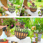 Sungmor 2PC Small Cast Iron Baskets, Heavy-Duty Wall Hanging Hollow Planter w/Fabric Liner, Antique Victoria Half Round Wall Pot Plants Holder, Outdoor Railing Fence Balcony Hanging Basket Flower Pot - color: Rustic Brown - Small