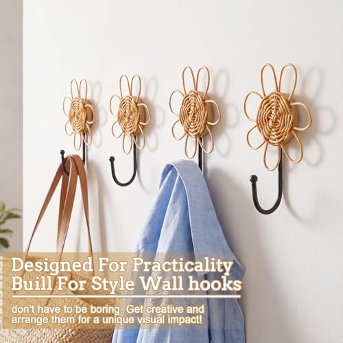 Colingmill 4 Pcs Boho Rattan Wall Towel Hooks Decorative Woven Hanging Holder Farmhouse Coat Rack Hooks Wood Coat Rack Wall Mount Vintage Decorative Hook for Hanging Coats (Flower) - style: Flower