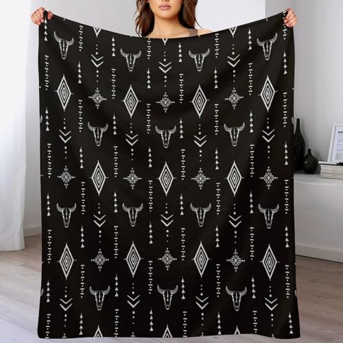 Aztec Tribal Blanket,Boho Bull Skull Vintage Rustic Southwest Navajo Primitive Nation Black Cow Head Totem Black Cat Blanket for Couch Sofa Bed Decorative Gifts 30x40 - color: Blanket-25, size: 30"x40"