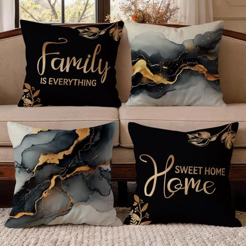 OBSEDE Black Gold Marble Sweet Home Decorative Throw Pillow Covers 18 × 18 in, Set of 4, Couch Cushion Cases Inserts for Sofa Bed Living Room Home Decor, Single-Sided Print - color: Black Gold Marble Sweet Home, size: 18" x 18" (Pack of 4)
