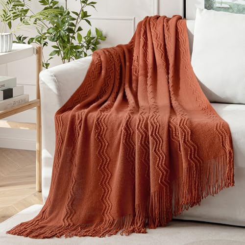 MIULEE Rust Knitted Throw Blanket for Couch Terracotta Boho Textured Cozy Woven Rustic Blanket with Tassels for Sofa Chair Bed Living Room Farmhouse Decor Acrylic Wave Pattern 50"x60" - color: Rust, size: 50" x 60"