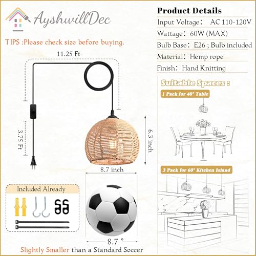 Plug in Mini Hemp Rope Woven Pendant Light Woven Light Fixture Boho Chandelier Wicker Pendant Lights Rattan Plug in Cord Hanging Lights Dome Wicker Chandelier for Bedroom (Bulb Incl.) - color: 8.7" Natural Plug In