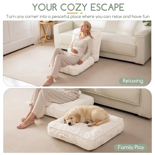 HIGOGOGO Large Floor Pillow Cushion for Adults, Meditation Cushion Pillow with Handle, Lustrous Chenille Tufted, Square Floor Sitting for Tatami Living Room or Yoga, 22x22 Inch, 2Pack, Beige - color: Square Beige, size: 4" Thick(Pack of 2)