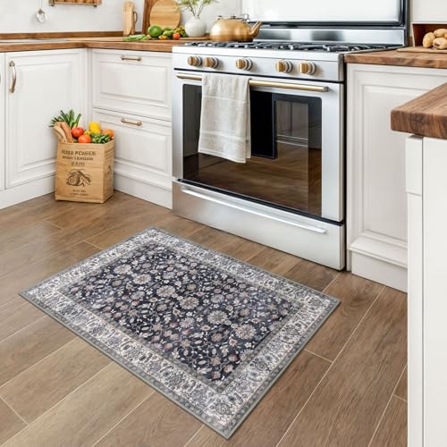 KUTA Vintage Floral Entryway Rug 2x3, Kitchen Area Rugs Non-Slip Washable Throw Rug, Grey Black Beige Ultra Thin Soft Print Front Door Mat Indoor Doormat for Entrance, Bedside, or Small Spaces - color: Grey Black Beige, size: 2' x 3' (Rectangular)