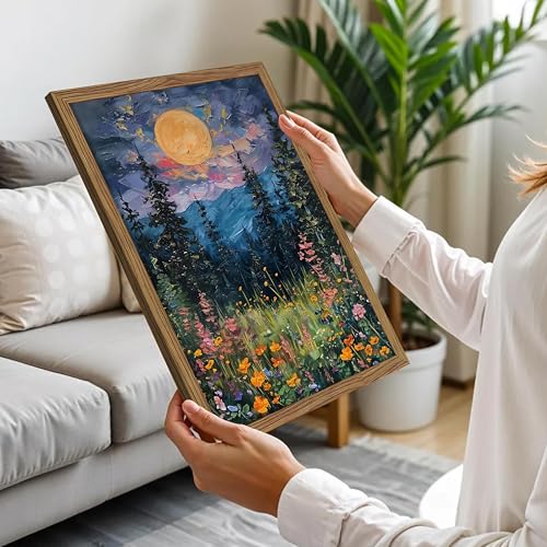 Framed Nature Forest Canvas Wall Art, Full Moon above Wildflowers and Woodland Painting, Midnight Floral Trees Art Print, Farmhouse Nature Wall Decor for Bedroom Living Room 12x16 inch - color: Ink Landscape Painting, size: 16"L x 12"W