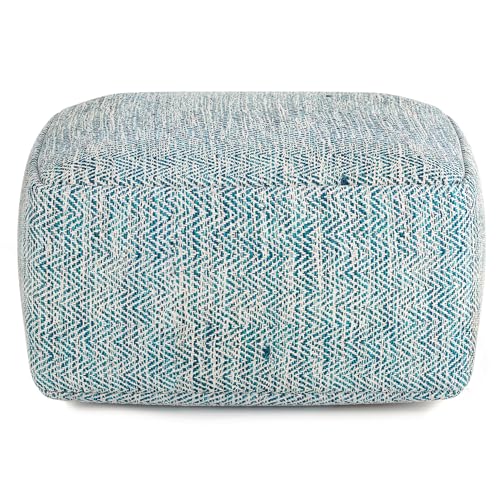 SIMPLIHOME Nate Square Pouf - 20 inch Wide Upholstered Handwoven Cotton Ottoman in Patterned Teal Melange, Boho Footstool or Extra Seating for Living Room with Artisanal Texture, Assembled - color: Patterned Teal Melange, style: Cotton Pouf