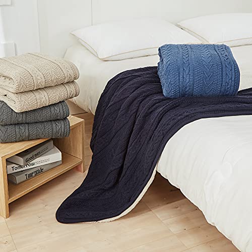 Longhui bedding Acrylic Cable Knit Sherpa Throw Blanket - Thick, Soft, Big, Cozy Navy Knitted Fleece Blankets for Couch, Sofa, Bed - Large 50 x 63 Inches Navy Blue Coverlet All Season - color: Navy, size: 50" x 63", Standard