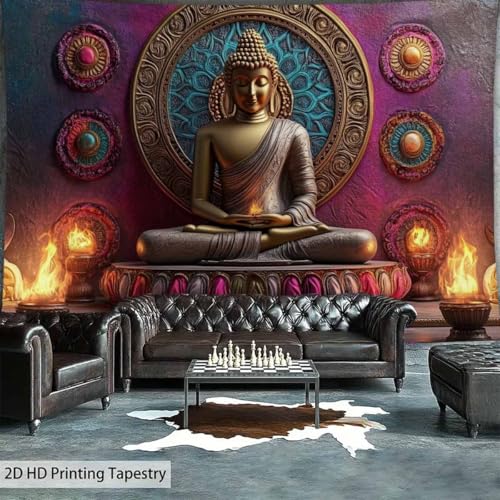 FENDROM Vintage Meditation Tapestry Gloden Buddha Zen Happiness Wall Hanging Large Tapestries Psychedelic Buddhist Poster Decorations Bedroom Living Room Dorm - color: Red, size: 79"L x 59"W