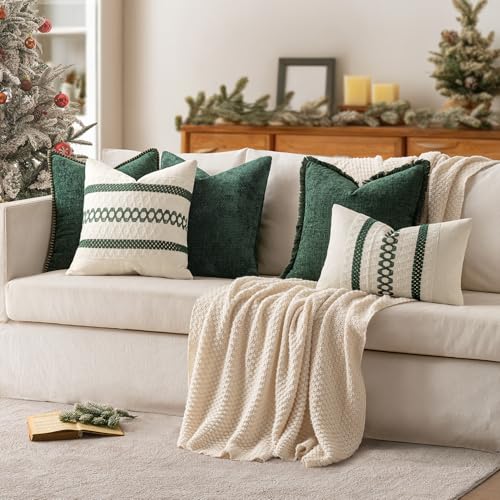 MIULEE Set of 2 Dark Green Boho Christmas Decorative Lumbar Pillow Covers 12x20 Inch Farmhouse Rustic Couch Throw Pillows Modern Cotton Cushion Cover Retro Macrame Woven Home Decor for Bed Sofa Chair - color: Dark Green, size: 20" x 12" (Pack of 2)