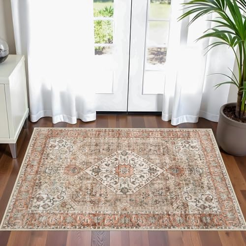 Washable 2x3 Entryway Area Rug: Vintage Non-Slip Backing Rugs for Kitchen Bathroom Water Resistant Carpet for Bedroom Soft Low Pile Front Door Mat for Dining Room 2x3 Brown/Orange - color: Brown/Orange, size: 2' x 3' (Rectangular)