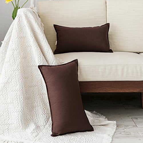 Jeanerlor Cotton Linen Square Decorative Throw Pillow Case Cushion Cover with Twin Needles Stitch on Edge, 12"x20"(30 x 50cm), 2 Pcs, Brown - color: Brown, size: 20" x 12" (Pack of 2)