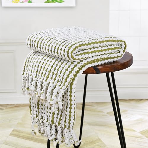 Striped Knit Throw Blanket with Braided Tassels 50" x 60", Hand Knitted Soft Chunky Chain Design Boho Farmhouse Blanket, Two Tone Tassel Decor Throw for Couch Bed Sofa Outdoor, Olive White - color: Olive White