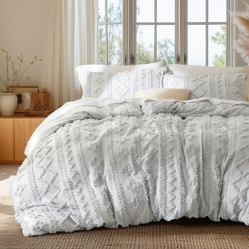 Bedsure Boho Duvet Cover King Size, Soft & Comfortable Elegant Design Boho Bedding for Decoration, Machine Washable Comforter Cover for All Seasons,Includes 1 Duvet Cover & 2 Pillow Shams,Light Grey - color: 10 - Light Grey - Elegant (No Comforter), size: