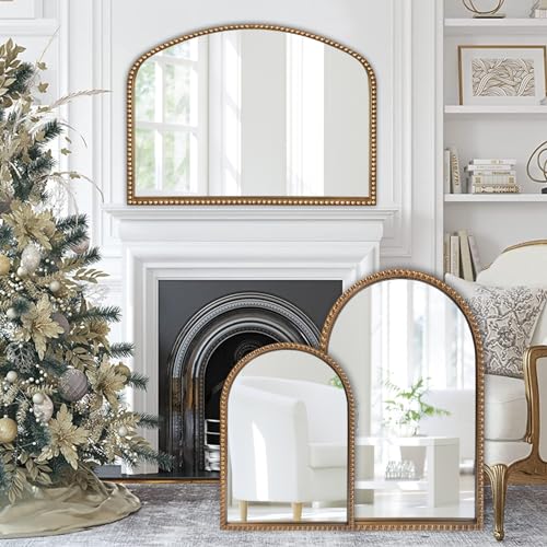 ironsmithn Gold Arched Mirror, 28"x36" Antique Mirrors with Beaded Frame, Classic Vintage Decorative Mirror, Marlowe Accent Mirrors for Mantel Fireplace Bedroom Bathroom Living Room Entryway - size: 28"L x 36"W