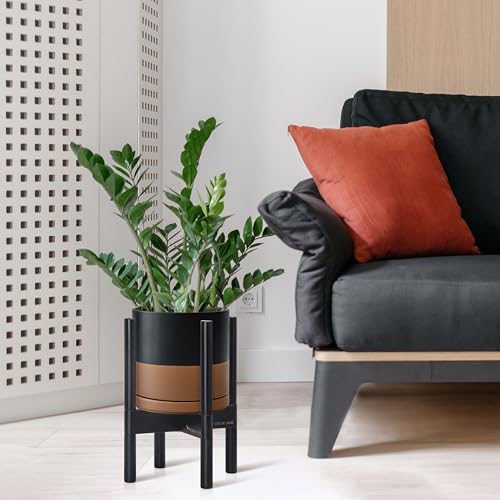 D'vine Dev Ceramic Planter with Ebony Stand - 8 Inch Modern Round Flower Pot with Wood Planter Holder, Black/Speckled Tan, 55-B-M-7 - color: Black/Speckled Tan Pot + Ebony Stand, size: 8 Inch