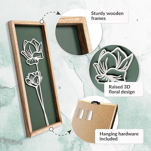 3D Floral Green Wall Art (Set of 3) Lightweight, Wooden Ready-to-Hang Boho Framed Wall Art for Bathroom, Master Bedroom, Living Room or Office - Premium Sage Green Farmhouse Decor - Gift-Boxed - color: Botanic Green, size: 7" x 16"