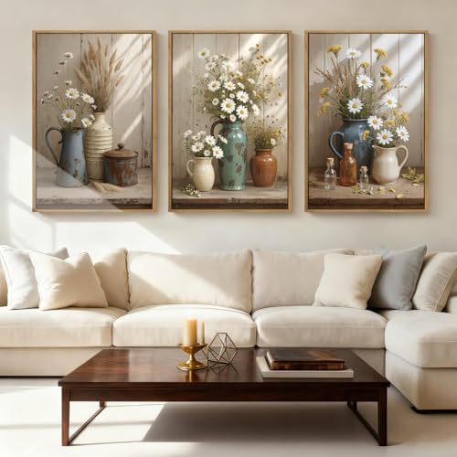 ANHUIB Vintage Wildflower Botanical Canvas Wall Art Framed Rustic Farmhouse Floral Pictures Wall Decor Country Daisy Painting 16x24 Inch Flower Set of 3 for Living Room Bedroom Office - color: Farmhouse Floral, size: 24"L x 16"W