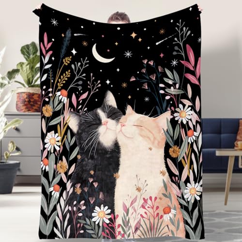 Cat Throw Blanket for Cats Lover Floral Plant Bed Blanket Moon and Star Blankets Cozy Fuzzy Plush Throw Blanket for Couch Chair 50"x 60" - color: Cat, size: 50" X 60"