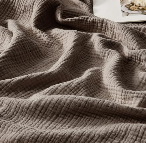 WDCOZY Muslin Throw Blanket 100% Cotton Blankets 4-Layer Breathable Lightweight Soft for Couch Boho Farmhouse Linen Tassels Ruffle Gauze Blankets 50x60 Inches Brown Mocha Chocolate Coffee Taupe - color: Mocha, size: Throw (50"x60")