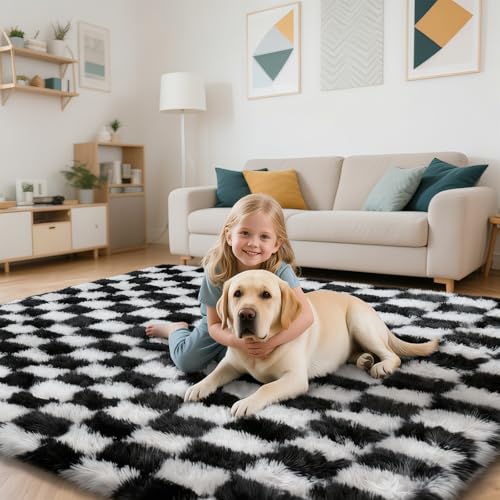 Checkered Rug for Bedroom, 2x4 Black and White Area Rugs, Classic Checkered Carpets Shag Area Rug, Bedside Rugs for Living Room Bedroom Room Home Decor - color: Black and White, size: 2' x 4' (Rectangular)