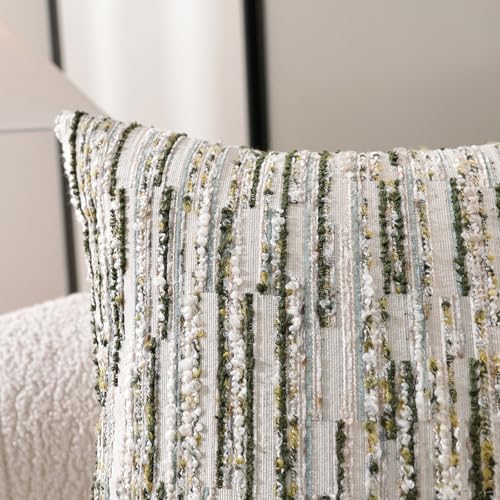 Striped Throw Pillow Covers 20x20 Set of 2 Green Textured Boucle Chic Morden Boho Accent Farmhouse Decorative Chenille Pillow Covers for Home Decor Bed Sofa Living Room - color: Green, size: 20" x 20" (Pack of 2)