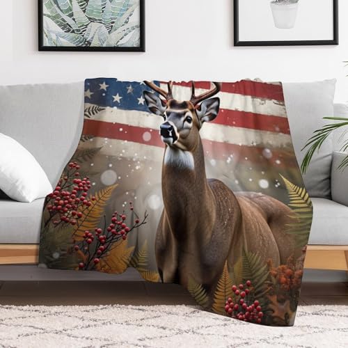 American Flag Hunting Deer Antler Fern Berry Super Soft Throw Blanket, Colorful Flag Brown Flannel Fleece Decorative Throw for Sofa Couch Bedroom Decor Outdoor Use 40"x50" - color: American Flag Hunting Deer Antler Fern Berry, size: 40"x50"