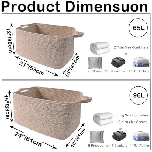 Large Blanket Basket,Woven Rope Basket Storage Bin with Handles,65L Rectangle Laundry Basket for Magazines,Toys,Clothes,Newspaper Shelf Organization,Nursery and Living Room,Brown - color: Brown, size: 21"x16"x12"(65L)