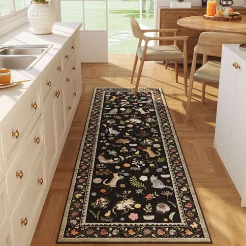 Rugcomf 2x5 Runner Rug - Floral Cat Machine Washable Kitchen Rug, Non-Slip Low Pile Boho Carpet for Hallways, Laundry, Entryway, Bedroom, Bathroom - Black - color: Black/Cat, size: 2' x 5' (Rectangular)