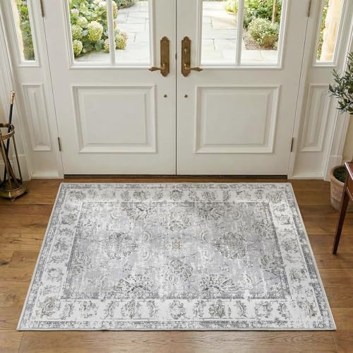 jinchan Fiora Floral Area Rug 3x5, Distressed Vintage Floral Washable Rug with Low-Pile Surface and Non-Slip Backing, for Bedroom Nursery Reading Corner Home Office and Small Living Spaces, Grey - color: Distressed Grey, size: 3' x 5' (Light Weight)