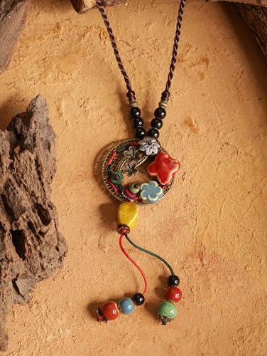 MINACHI Vintage Bohemian Colorful Ceramic Bead Antique Flower Y Necklace, Vintage Boho Hippie Statement Jewelry Gift for Women - color: S05