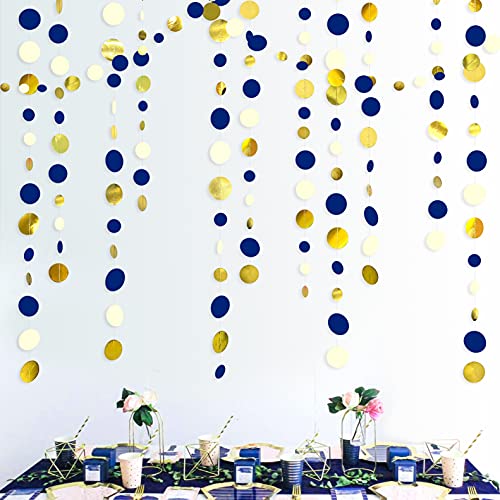 46 Ft Navy Blue and Gold Circle Dots Garland Royal Blue Hanging Paper Polka Dot Streamer for Birthday Wedding Bridal Baby Shower Graduations Nautical Ahoy Achor Pirate Theme Party Decorations Supplies - color: Blue Gold