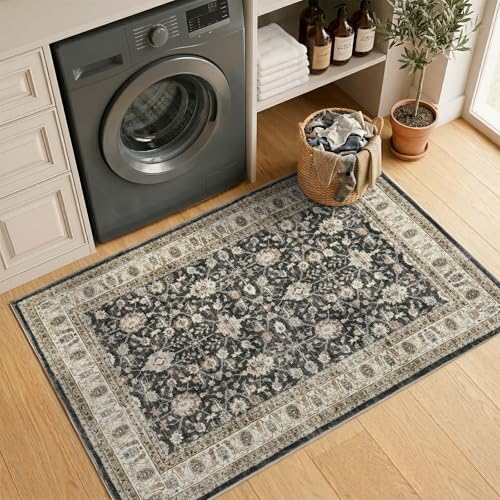 jinchan 3x5 Washable Vintage Area Rug, Distressed Traditional Floral Entryway Accent Rug, Soft Low-Pile Non-Slip Floor Mat for Indoor Foyer, Kitchen Sink Bedroom Bathroom Vanity, Black - color: Oriental Taupe on Black, size: 3' x 5' (Rectangular)