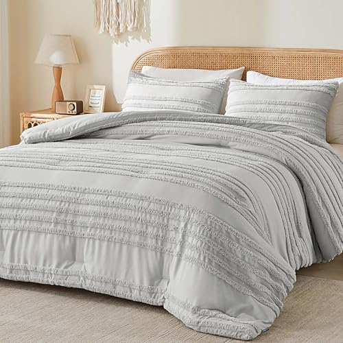 BEDELITE Boho King Size Comforter Set - Light Grey Tufted Striped Bed Set 3 Pieces, Soft Vintage Farmhouse Comforter for All Seasons, Boho Home Decor,Fluffy Jacquard Bedding with Pillow Sham - color: Light Grey, size: King