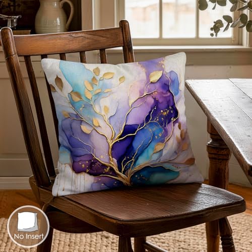 OBSEDE Decorative Throw Pillow Covers Set of 4, 18x18 Inch Purple and Blue Abstract Floral Watercolor Pillow Cases with Gold Accents for Couch Sofa Bedroom, Modern Artistic Home Decor - color: Gilded Ink Bloom, size: 18" x 18" (Pack of 4)
