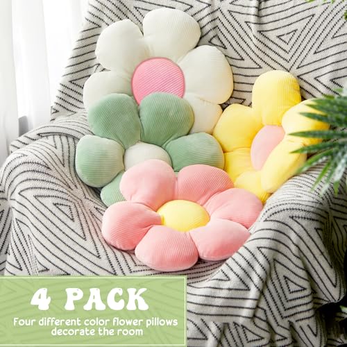 Reginary 4 Pcs Flower Floor Pillows Cute Plush Flower Throw Pillows Daisy Floor Seat Cushion Chair Pads for Back to School First Day of School for Sofa Couch Bed Decor(15 Inch,Light Color) - color: Light Color