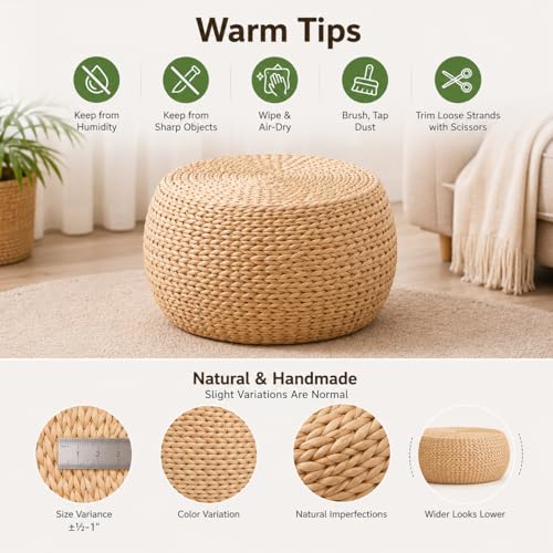 Small Straw Round Pouf Ottoman, Natural Mini Solid Wood Footrest, Boho Low Tatami Footstool for Living Room Bedroom Patio, 12.2"×12.2"×8.7", Ideal for Foot Rest or Temporary Seating