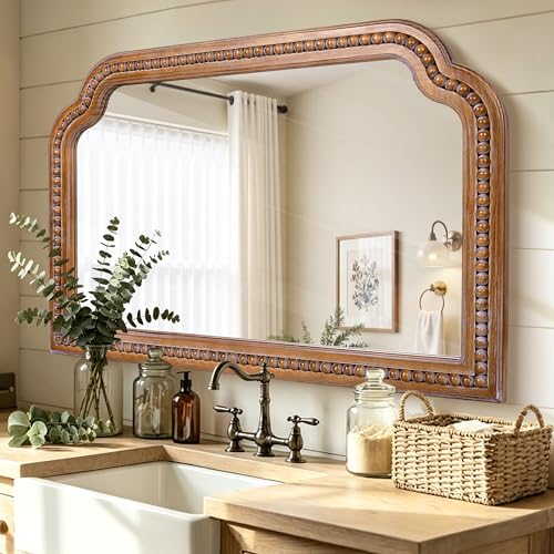 36x24 Inch Farmhouse Arch Wall Mirror, Wood Beaded Framed Decorative Mirrors for Living Room, Bedroom, Vanity, Bathroom, Entryway - color: G - Beaded Arched - 36x24 in