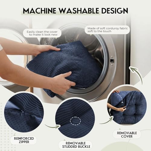 11In Washable Floor Pillow for Adults, Yoga & Meditation Cushion with Handle, Square Large Pillows Seating with Removable Tufted Corduroy Cover for Tatami Living Room Board Games (Blue) - color: Blue